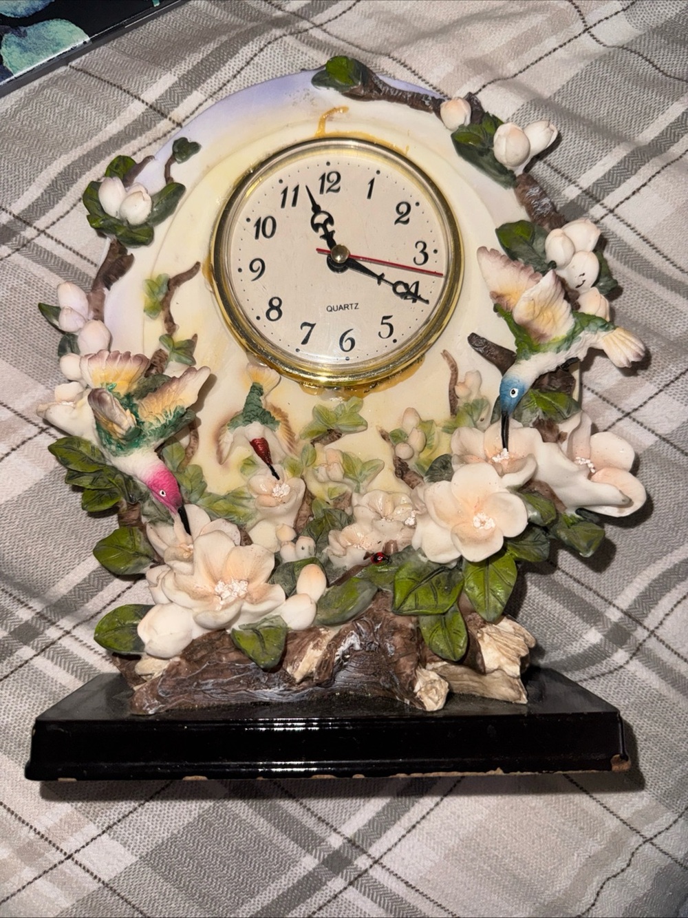 Floral Hummingbird Resin Mantel Clock - Cream and Green